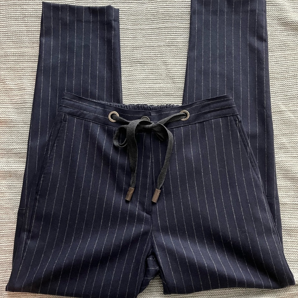 Eleventy wool navy pinstripe pants drawstring